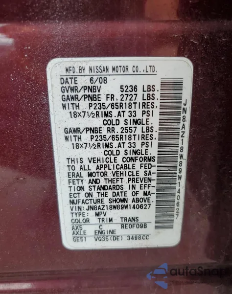 2009 Nissan Murano S z USA, uszkodzony, nr VIN JN8AZ18W89W140627